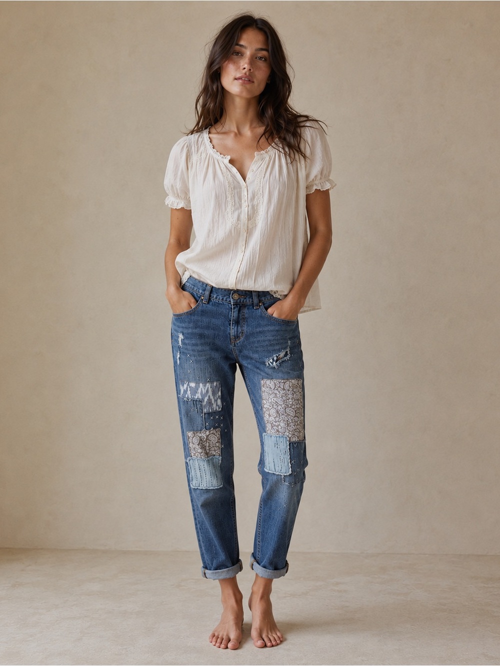 VTG Y2K 90s Woman Blue Denim Patchwork Boyfriend Fit Jeans US4 Boho Country Folk